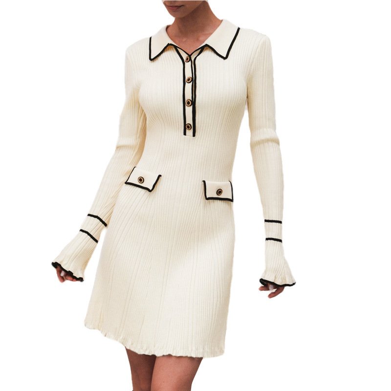High Quality Solid Color Turn-down Collar Elegant Modest Casual Dresses for Women