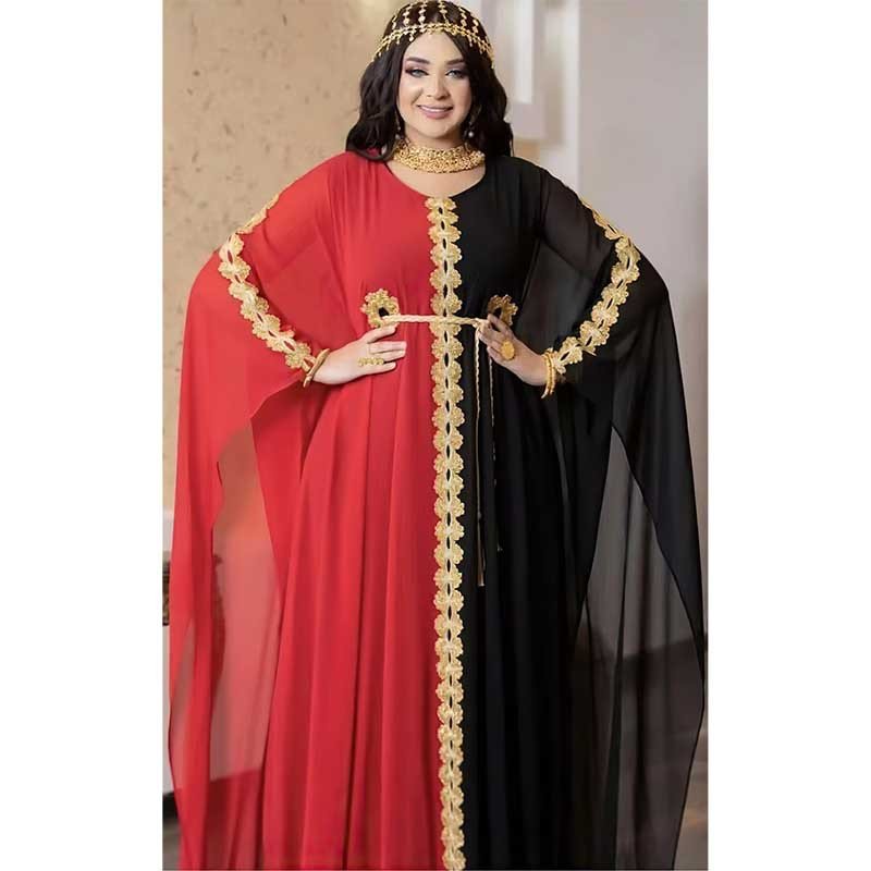 Summer Clothing Muslim Women Chiffon Patchwork Lace Retro Islamic Robe Gown Plus Size African Loose Elegant Dress