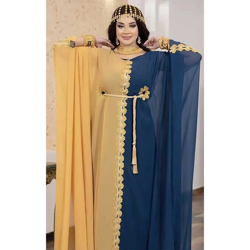 Summer Clothing Muslim Women Chiffon Patchwork Lace Retro Islamic Robe Gown Plus Size African Loose Elegant Dress