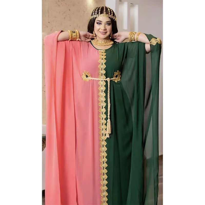 Summer Clothing Muslim Women Chiffon Patchwork Lace Retro Islamic Robe Gown Plus Size African Loose Elegant Dress