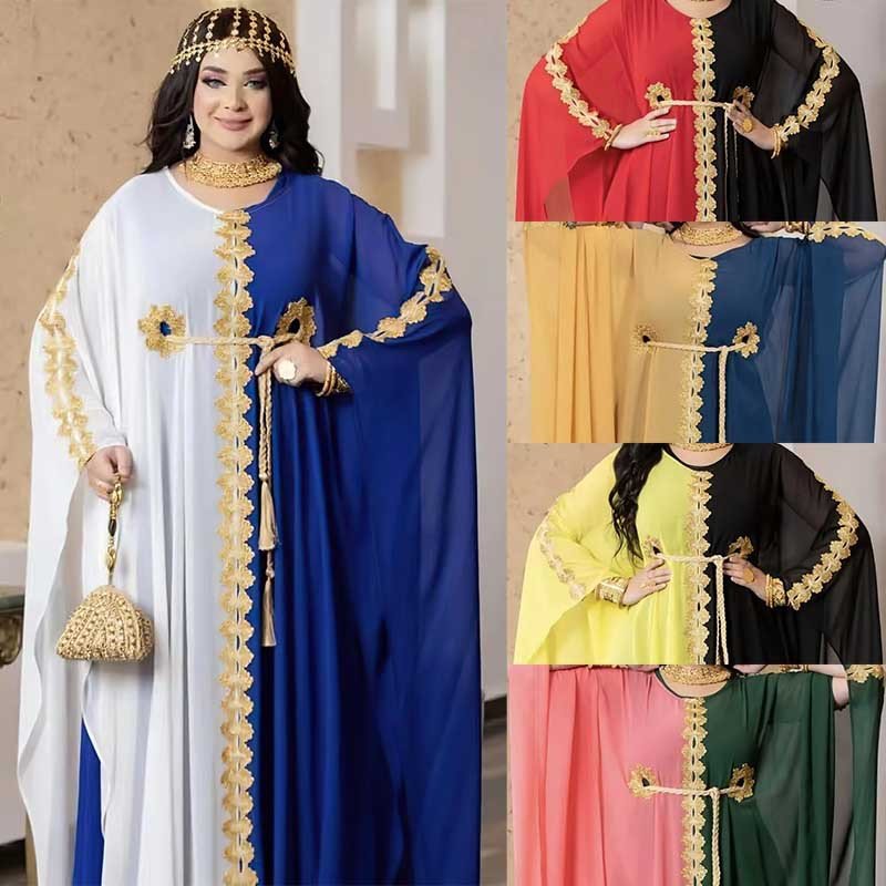 Summer Clothing Muslim Women Chiffon Patchwork Lace Retro Islamic Robe Gown Plus Size African Loose Elegant Dress