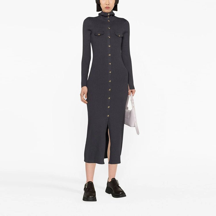 OEM Custom Autumn Winter Button Up Turndown Collar Long Sleeve Rib Women Knit Sweater Dress
