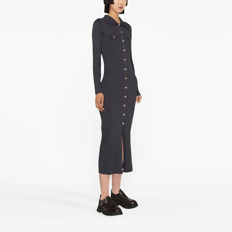 OEM Custom Autumn Winter Button Up Turndown Collar Long Sleeve Rib Women Knit Sweater Dress