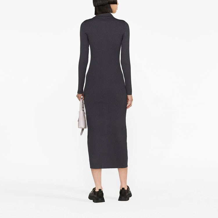 OEM Custom Autumn Winter Button Up Turndown Collar Long Sleeve Rib Women Knit Sweater Dress