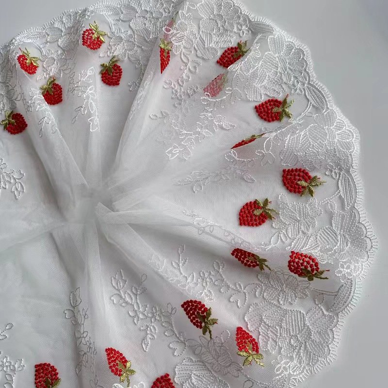 chinese factory new design 100% polyester lace strawberry embroidered lace for wedding dress