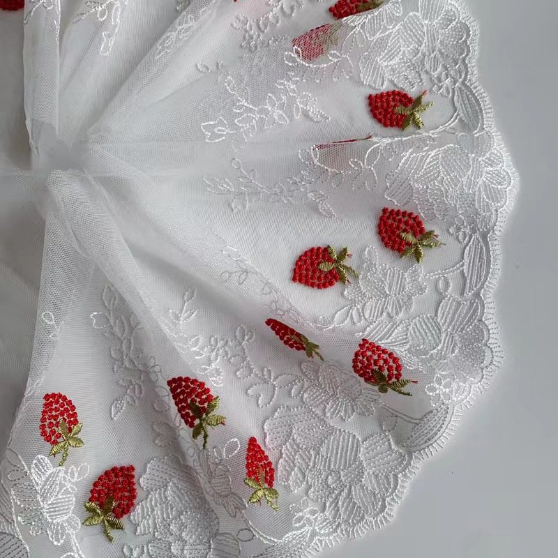 chinese factory new design 100% polyester lace strawberry embroidered lace for wedding dress