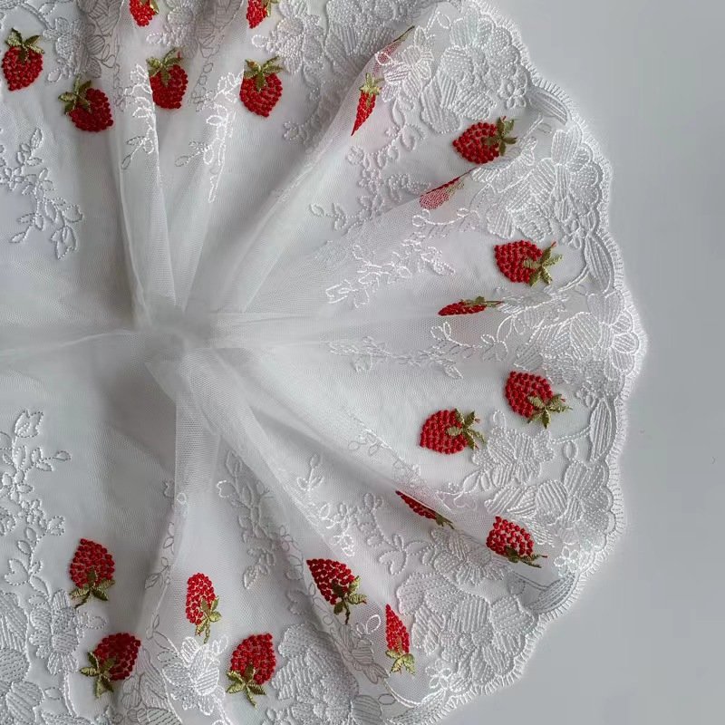 chinese factory new design 100% polyester lace strawberry embroidered lace for wedding dress