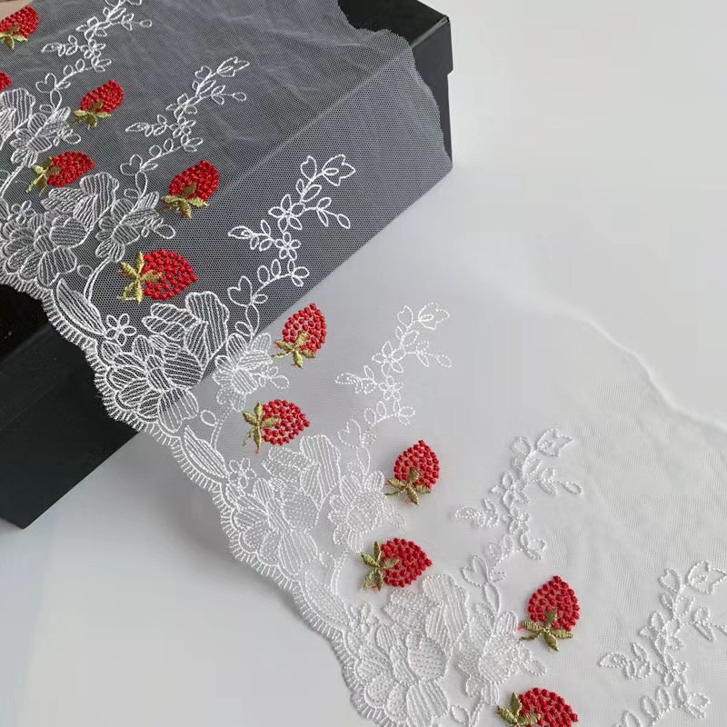 chinese factory new design 100% polyester lace strawberry embroidered lace for wedding dress