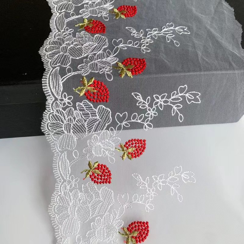 chinese factory new design 100% polyester lace strawberry embroidered lace for wedding dress