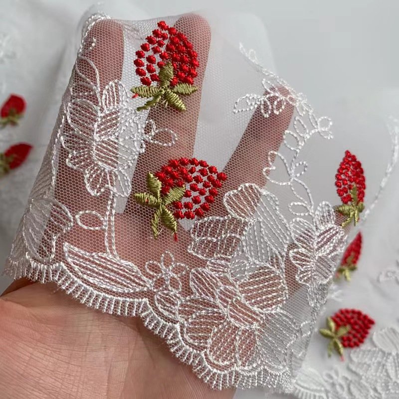 chinese factory new design 100% polyester lace strawberry embroidered lace for wedding dress