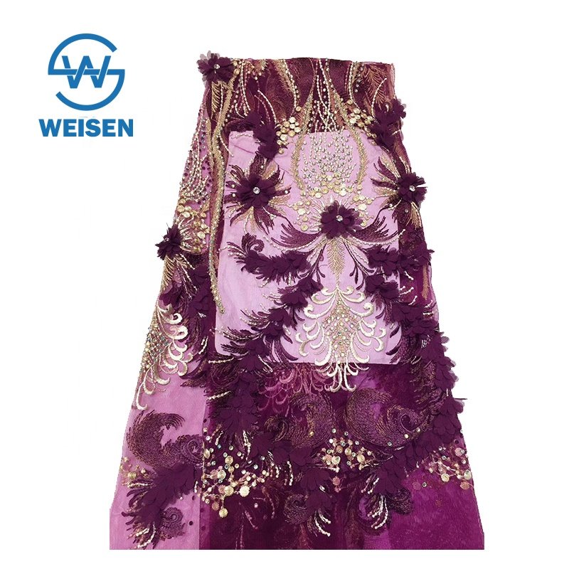 Mesh Embroidery Beaded 3D Floral Chiffon Flower Laser Cut Embroidered Lace Fabric