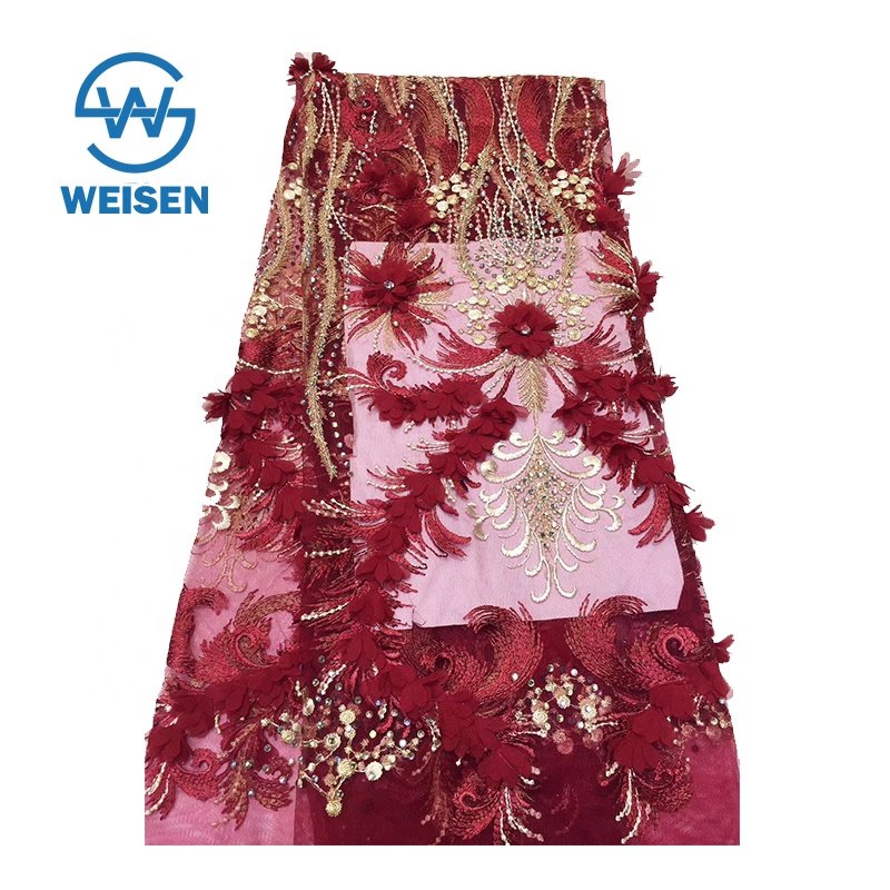Mesh Embroidery Beaded 3D Floral Chiffon Flower Laser Cut Embroidered Lace Fabric