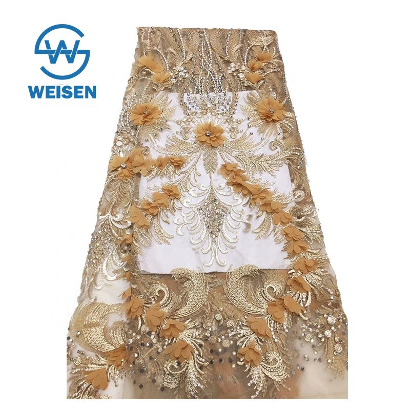 Mesh Embroidery Beaded 3D Floral Chiffon Flower Laser Cut Embroidered Lace Fabric