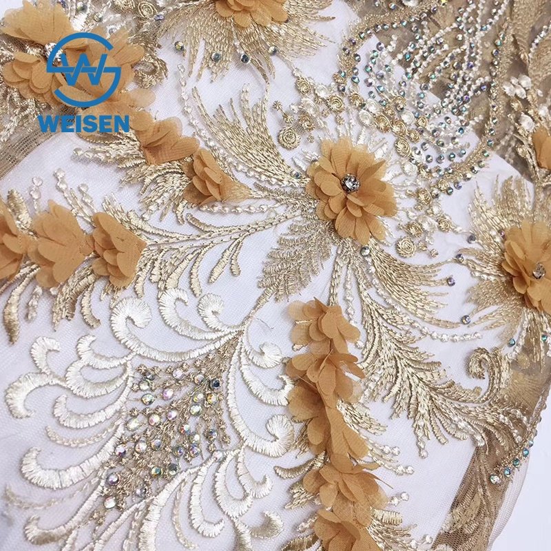 Mesh Embroidery Beaded 3D Floral Chiffon Flower Laser Cut Embroidered Lace Fabric