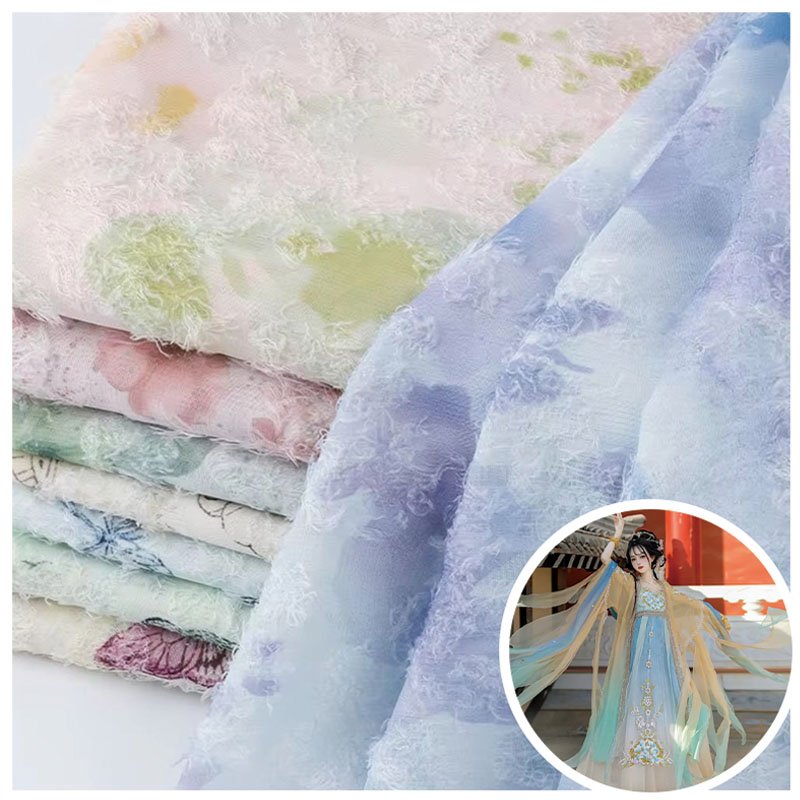 Manufacturer wholesale Polyester Tassel Butterfly Mesh Gauze Ink Painting Print Chinese Hanfu Embroidery Spandex Mesh fabric