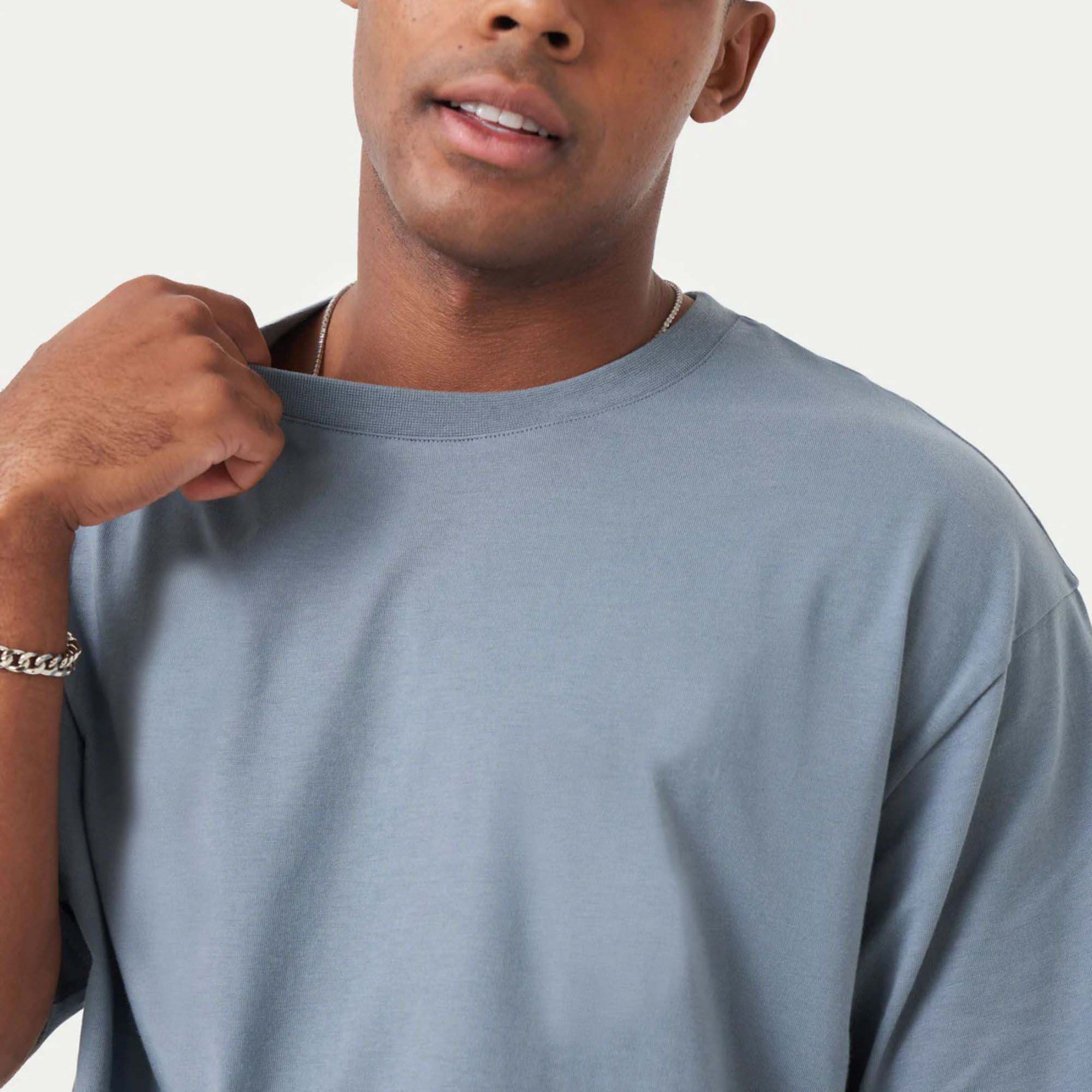 "Men's Classic Oversized T-Shirt - 100% Cotton Jersey, Medium Weight, Ribbed Neck, Short Sleeves, China Blue"
