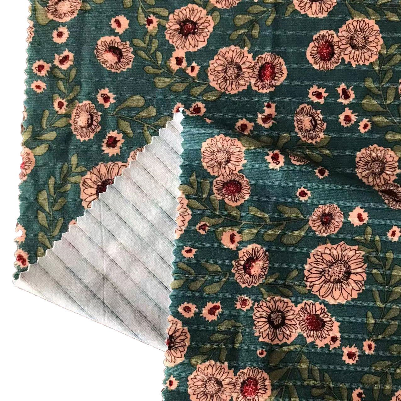 Custom Colorful Flower Printed Floral Pattern Recycled Polyester Spandex Stretch Knit Rib Fabric For Cloth