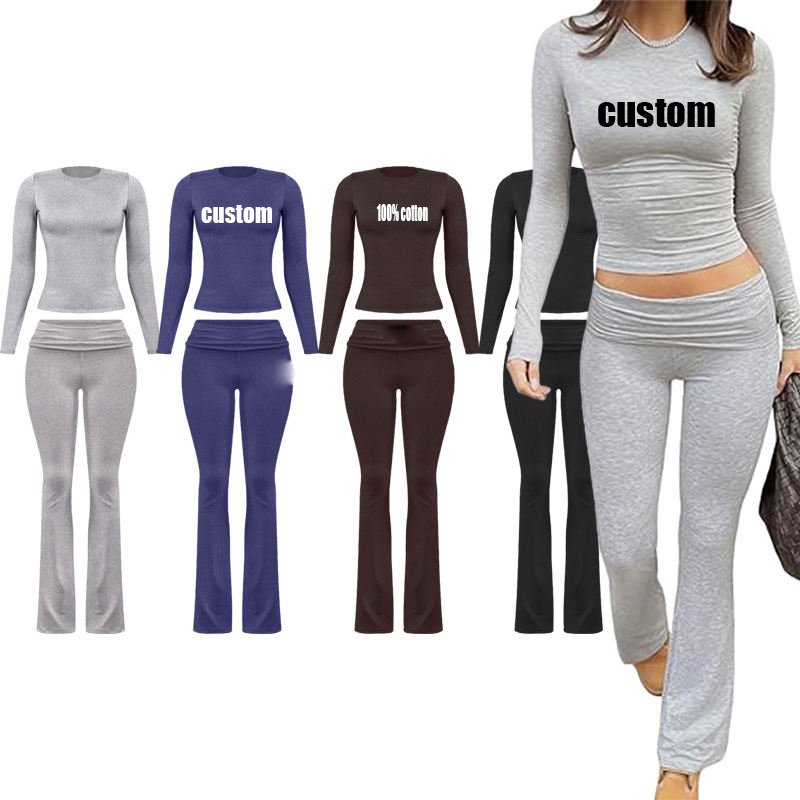 Custom Embroidered Ribbed Elasticity Tracksuits Two Piece Set Autumn Wide Leggings Flared Pants And Top Loungewear Women Sets