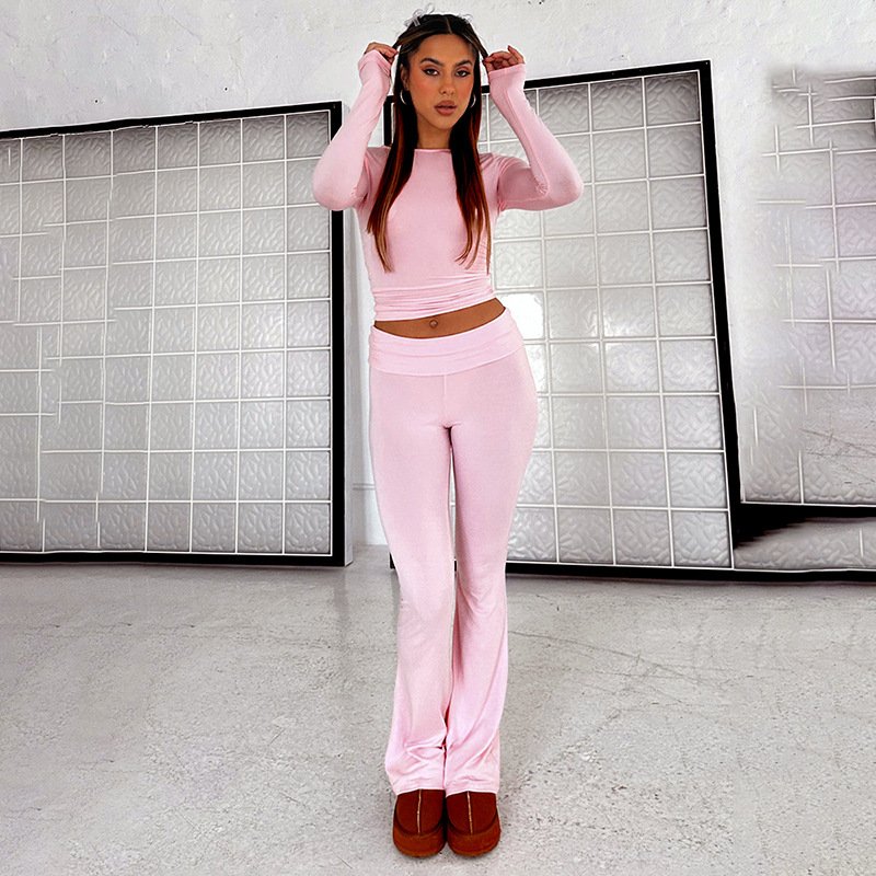 Custom Embroidered Ribbed Elasticity Tracksuits Two Piece Set Autumn Wide Leggings Flared Pants And Top Loungewear Women Sets