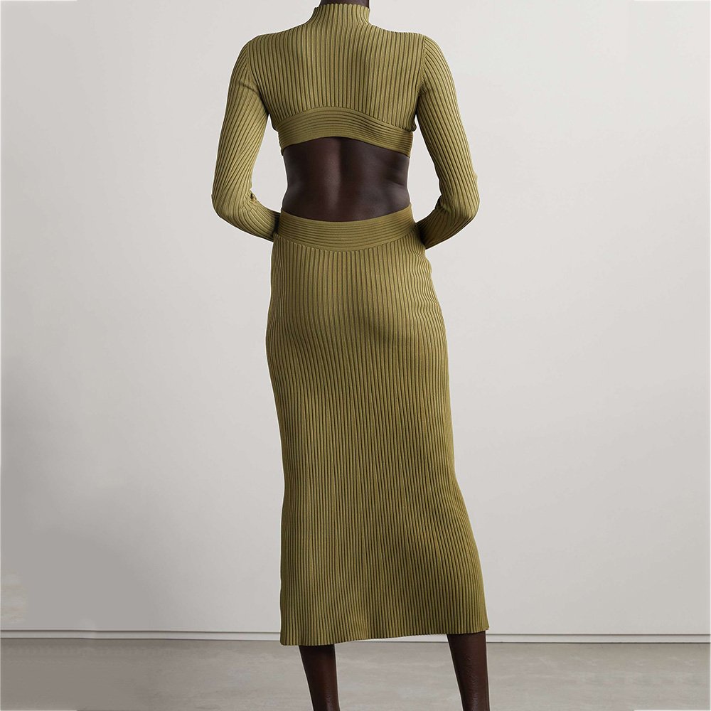 Custom knitwear mufacturers women knitted dresses cutout long sleeve ribbed knit midi sweater dress clothing