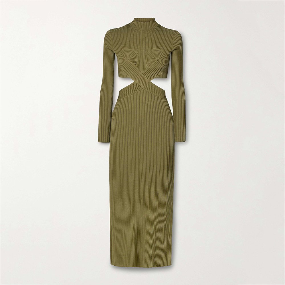 Custom knitwear mufacturers women knitted dresses cutout long sleeve ribbed knit midi sweater dress clothing
