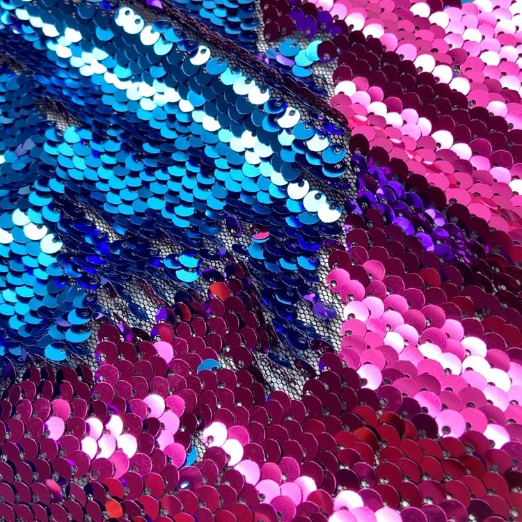 Custom-made color polyester knitted mesh embroidery pink blue mermaid reversible sequin fabric