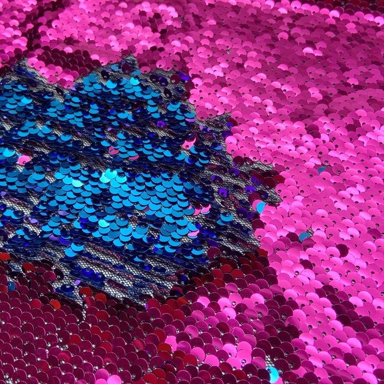 Custom-made color polyester knitted mesh embroidery pink blue mermaid reversible sequin fabric