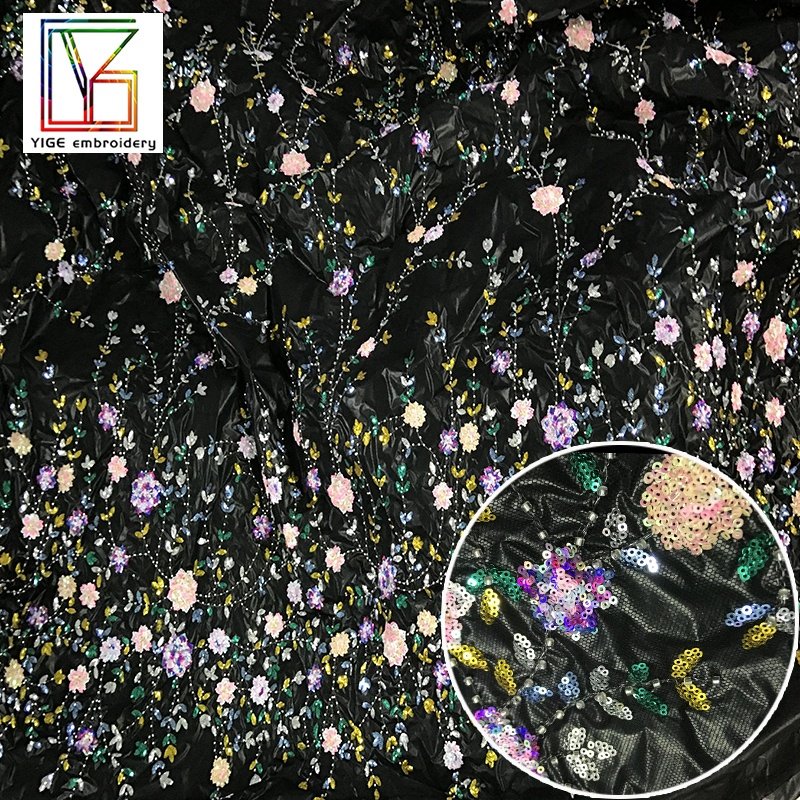 French New High Quality color Luxury Bridal beads Tulle 3d Flower Mesh Beaded Sequin Embroidery lace fabric for dress