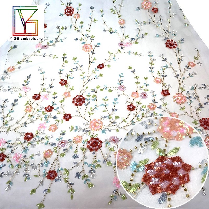 French New High Quality color Luxury Bridal beads Tulle 3d Flower Mesh Beaded Sequin Embroidery lace fabric for dress