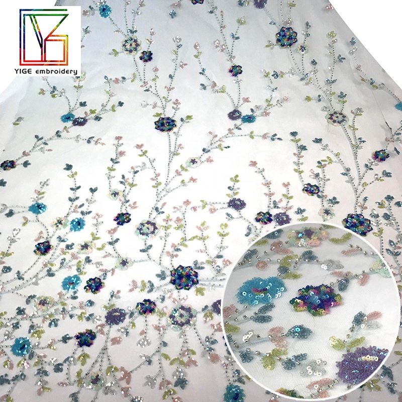 French New High Quality color Luxury Bridal beads Tulle 3d Flower Mesh Beaded Sequin Embroidery lace fabric for dress