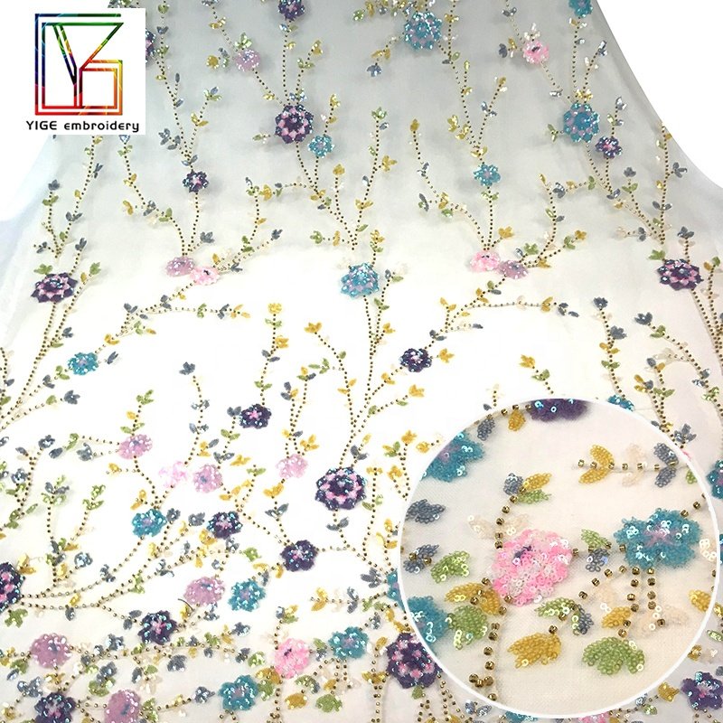 French New High Quality color Luxury Bridal beads Tulle 3d Flower Mesh Beaded Sequin Embroidery lace fabric for dress