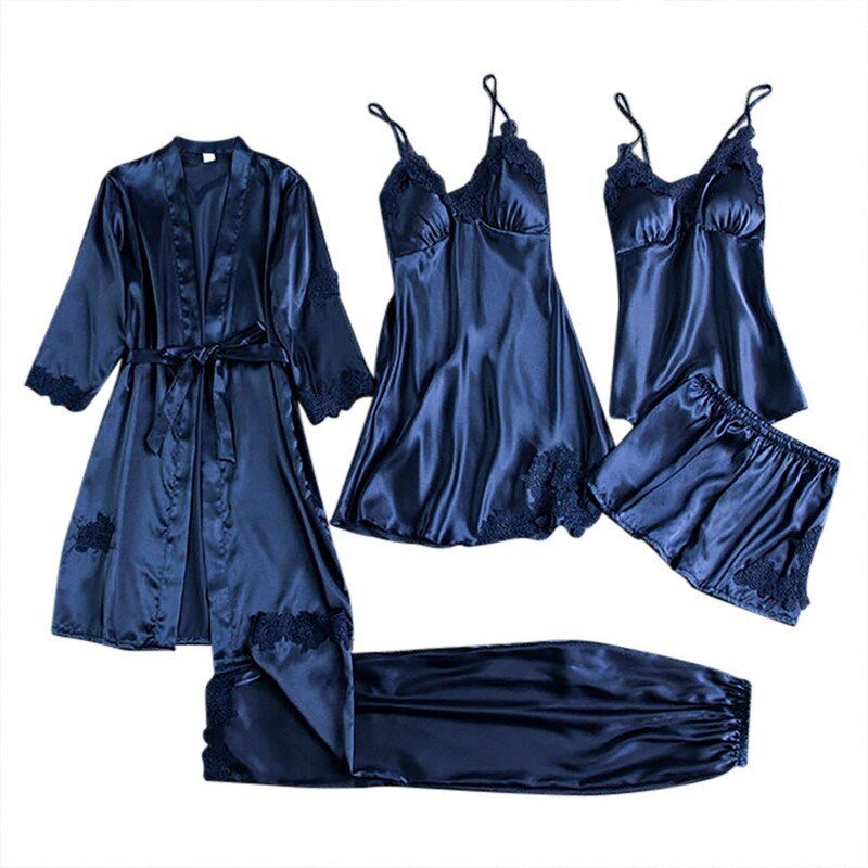 5PC Silk Robe Sleep Suit Womens Lace Satin Pajamas Gown Set V-Neck Cami Nighties Wear Pajamas Home Nightwear Women Nightdress