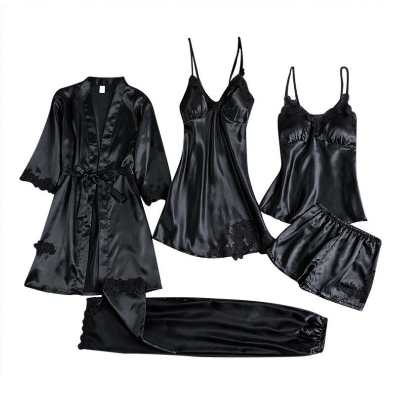 5PC Silk Robe Sleep Suit Womens Lace Satin Pajamas Gown Set V-Neck Cami Nighties Wear Pajamas Home Nightwear Women Nightdress