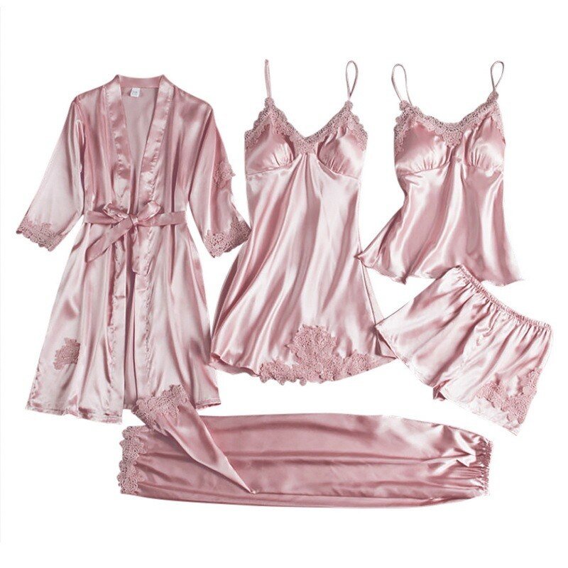 5PC Silk Robe Sleep Suit Womens Lace Satin Pajamas Gown Set V-Neck Cami Nighties Wear Pajamas Home Nightwear Women Nightdress