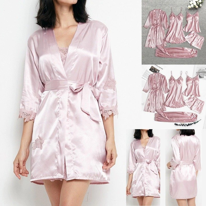 5PC Silk Robe Sleep Suit Womens Lace Satin Pajamas Gown Set V-Neck Cami Nighties Wear Pajamas Home Nightwear Women Nightdress
