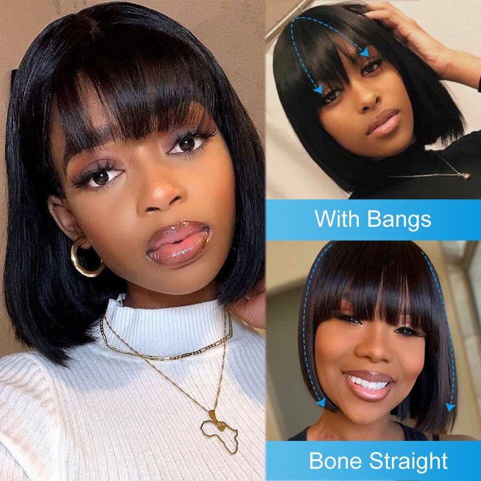 Wholesale Cheap Glueless Bob Wigs With Bangs Human Hair Short Bob Wigs Raw Brazilian Human Hair Lace Front Wigs For Black Women