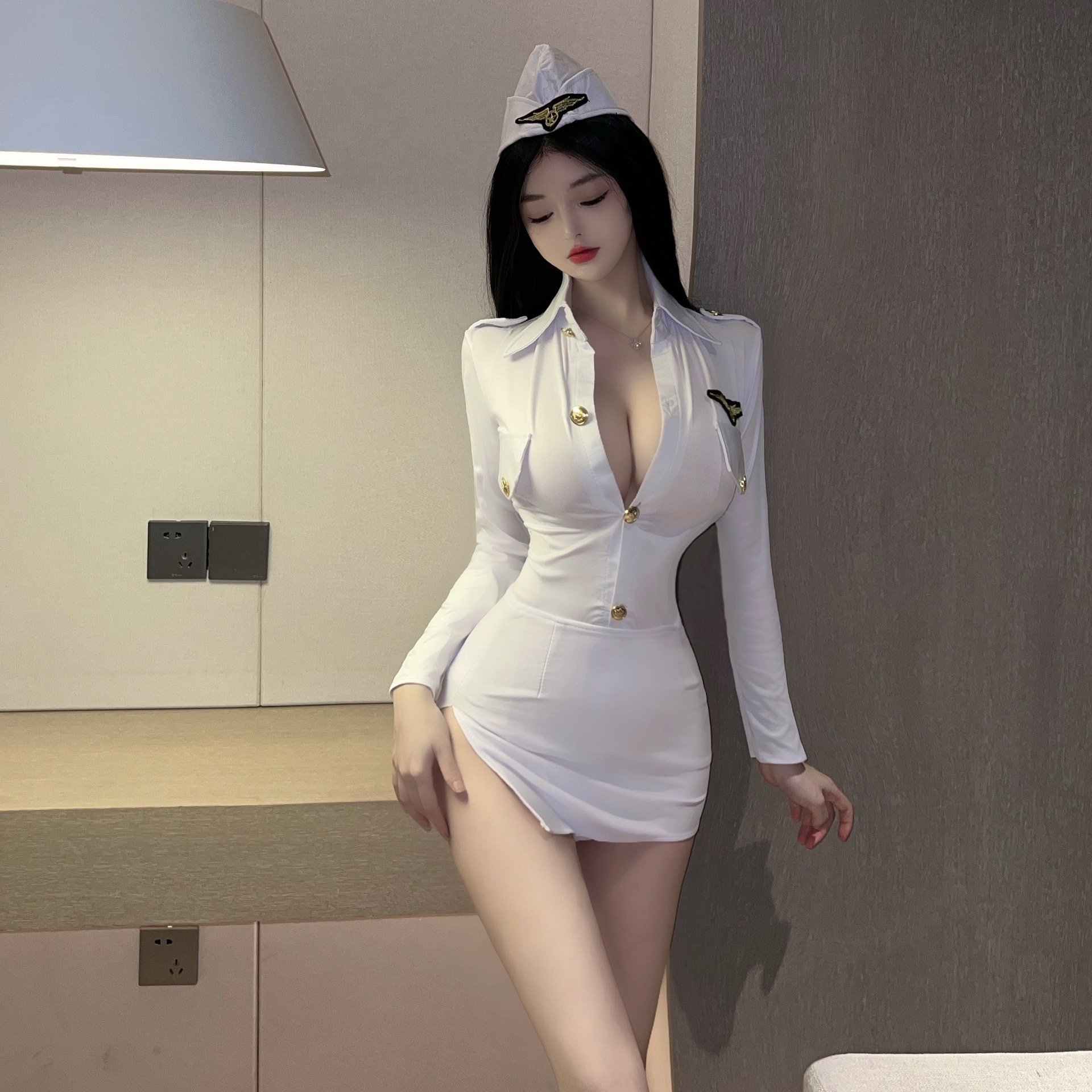 Women's Sexy Lingerie Office Style Police Officer Cosplay White Dress V-Neck Crocheted Spandex Crepe Natural Waistline