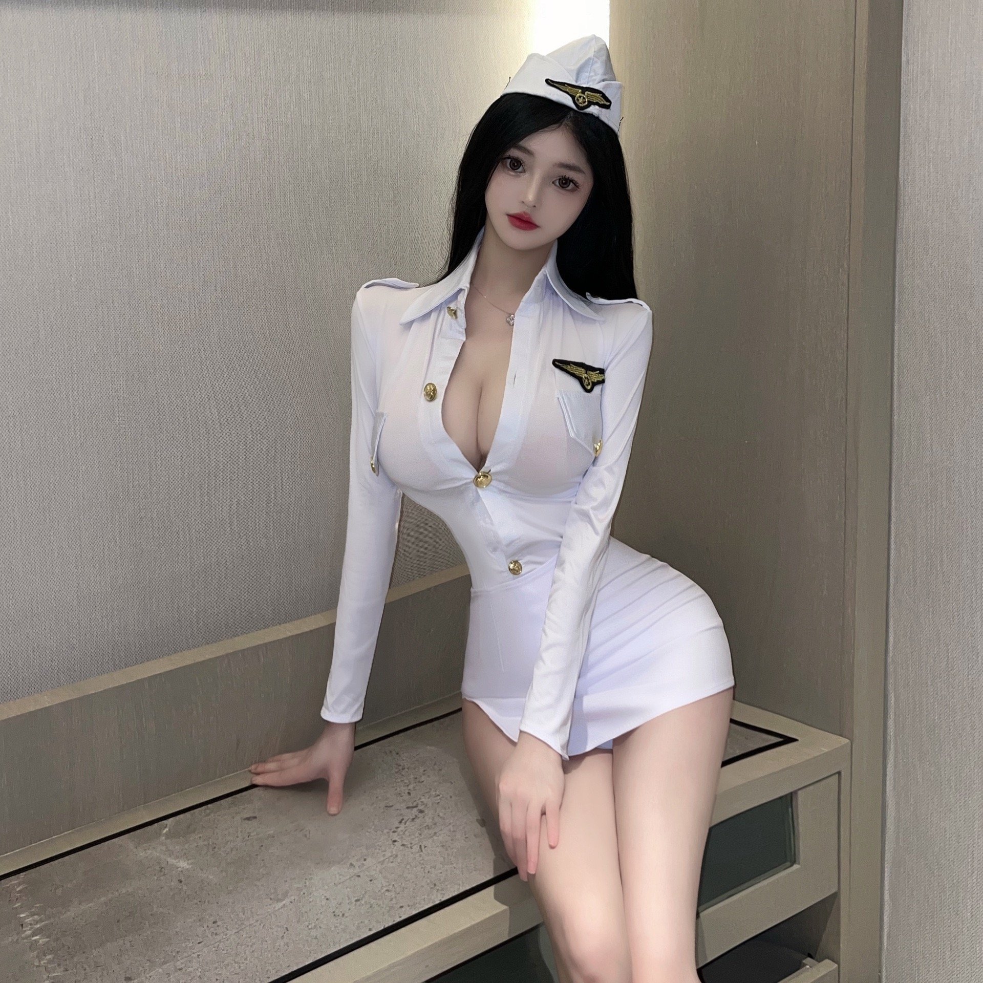 Women's Sexy Lingerie Office Style Police Officer Cosplay White Dress V-Neck Crocheted Spandex Crepe Natural Waistline