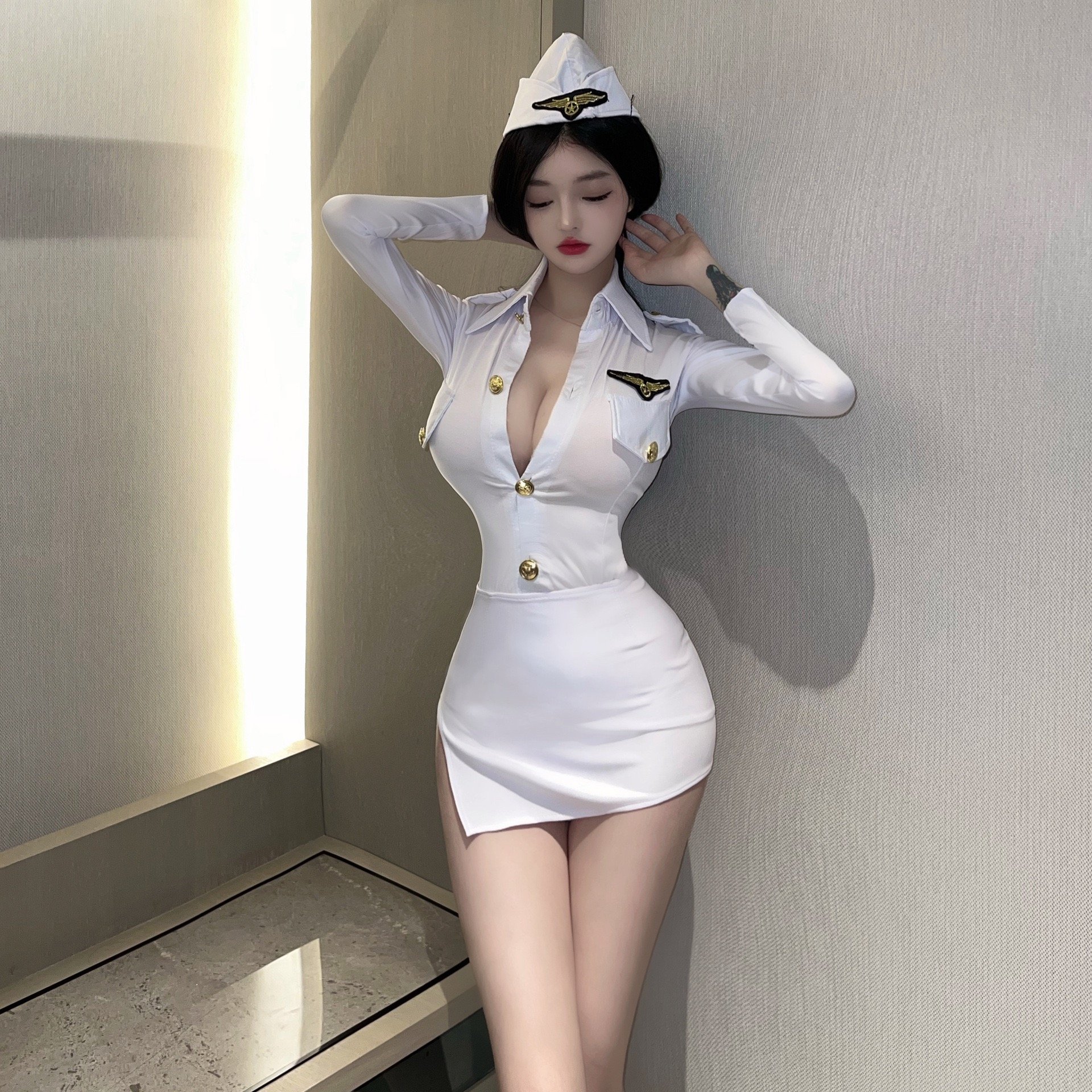 Women's Sexy Lingerie Office Style Police Officer Cosplay White Dress V-Neck Crocheted Spandex Crepe Natural Waistline