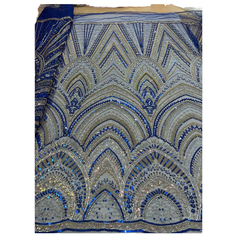Handmade Royal Blue Embroidered Sequins And Beads French Lace Fabric Luxury Sequence Mesh For Wedding Dresses