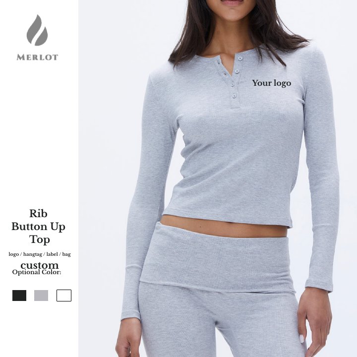 Meilu Custom Logo Women's Blouses & Shirts Girl Slim Knitted Long Sleeve T-Shirt Button Ribbed Tops For Winter Fall