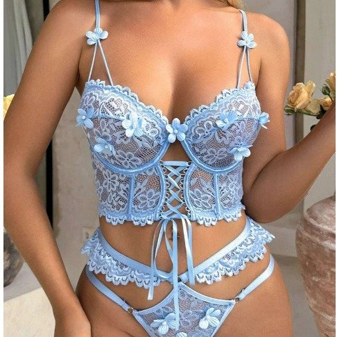 Lace Embroidery Lace Up Bow Steel Ring 2Pcs Playful Cute Underwear Sexy Lingerie