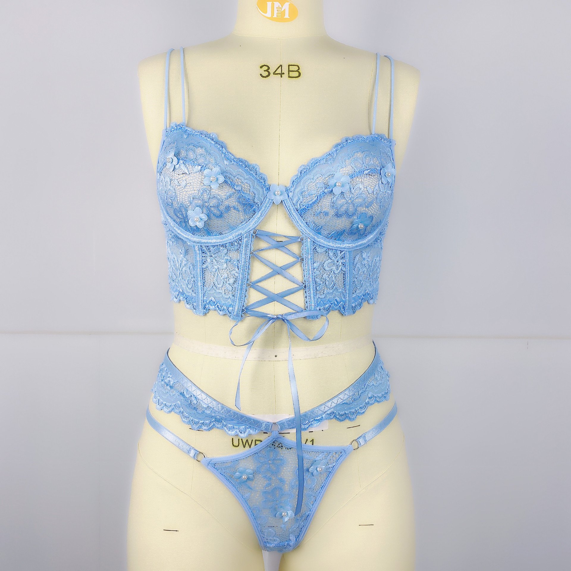 Lace Embroidery Lace Up Bow Steel Ring 2Pcs Playful Cute Underwear Sexy Lingerie