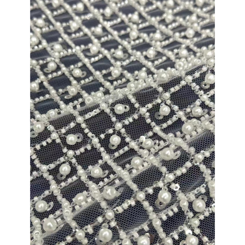 New White embroidered beaded lace fabric top quality hand embroidery designs heavy beaded lace fabric for dresses
