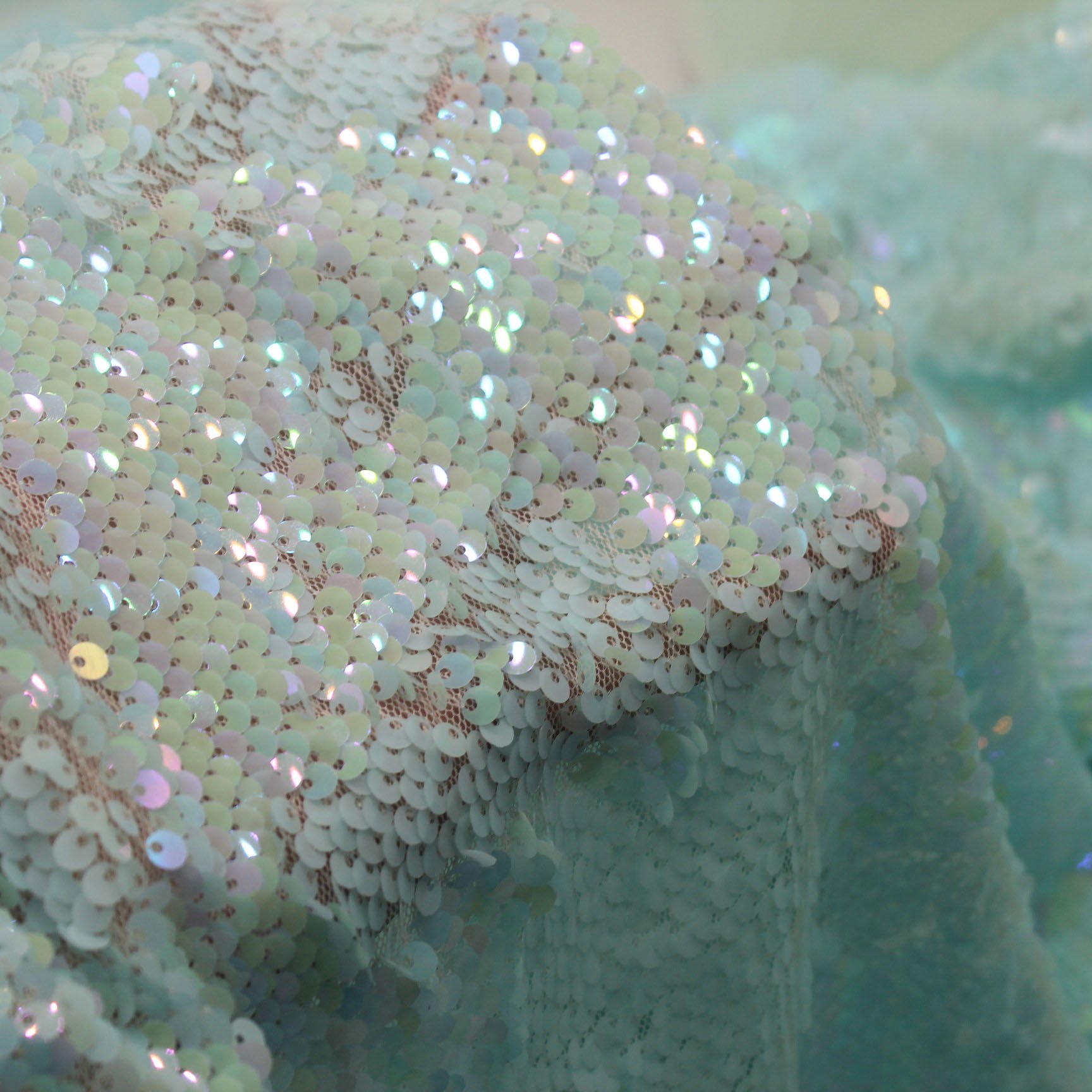 Wholesale Light Blue Multi Color Tulle Lace 5MM Recycled reversible Sequin Fabric Fish Scale Sequin Embroidery For Part Dress