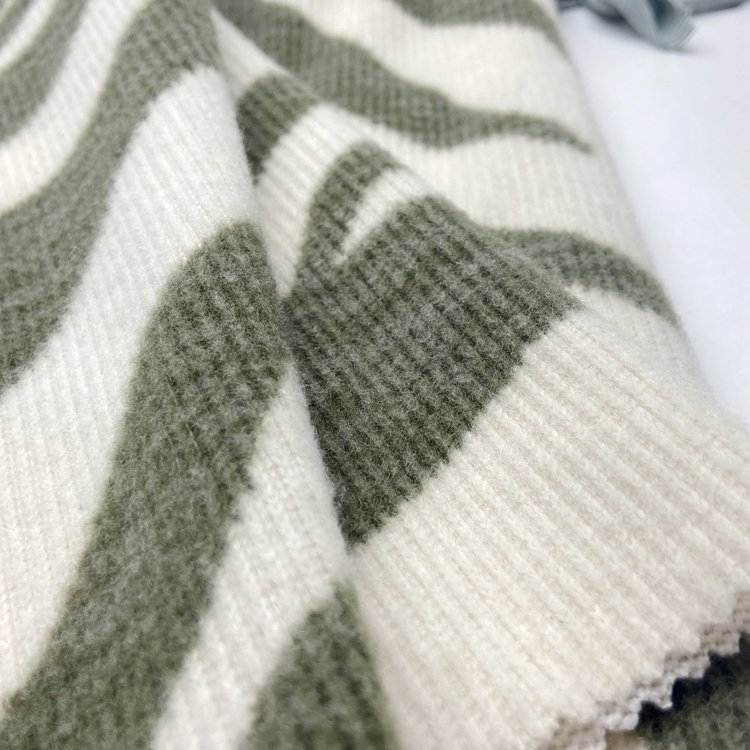 Soft quality polyester rayon spandex knitted 230GSM custom digital printed rib hacci brushed sweater fabric