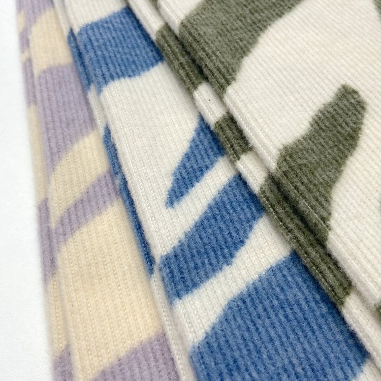 Soft quality polyester rayon spandex knitted 230GSM custom digital printed rib hacci brushed sweater fabric