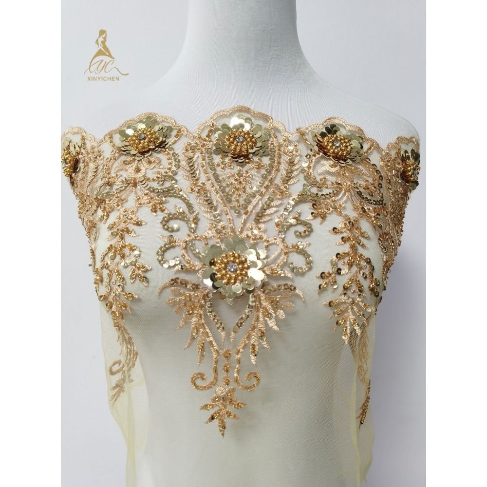 wholesale price 3D Flower high quality diamond sequin beaded embroidery lace diy trimming for wedding dress