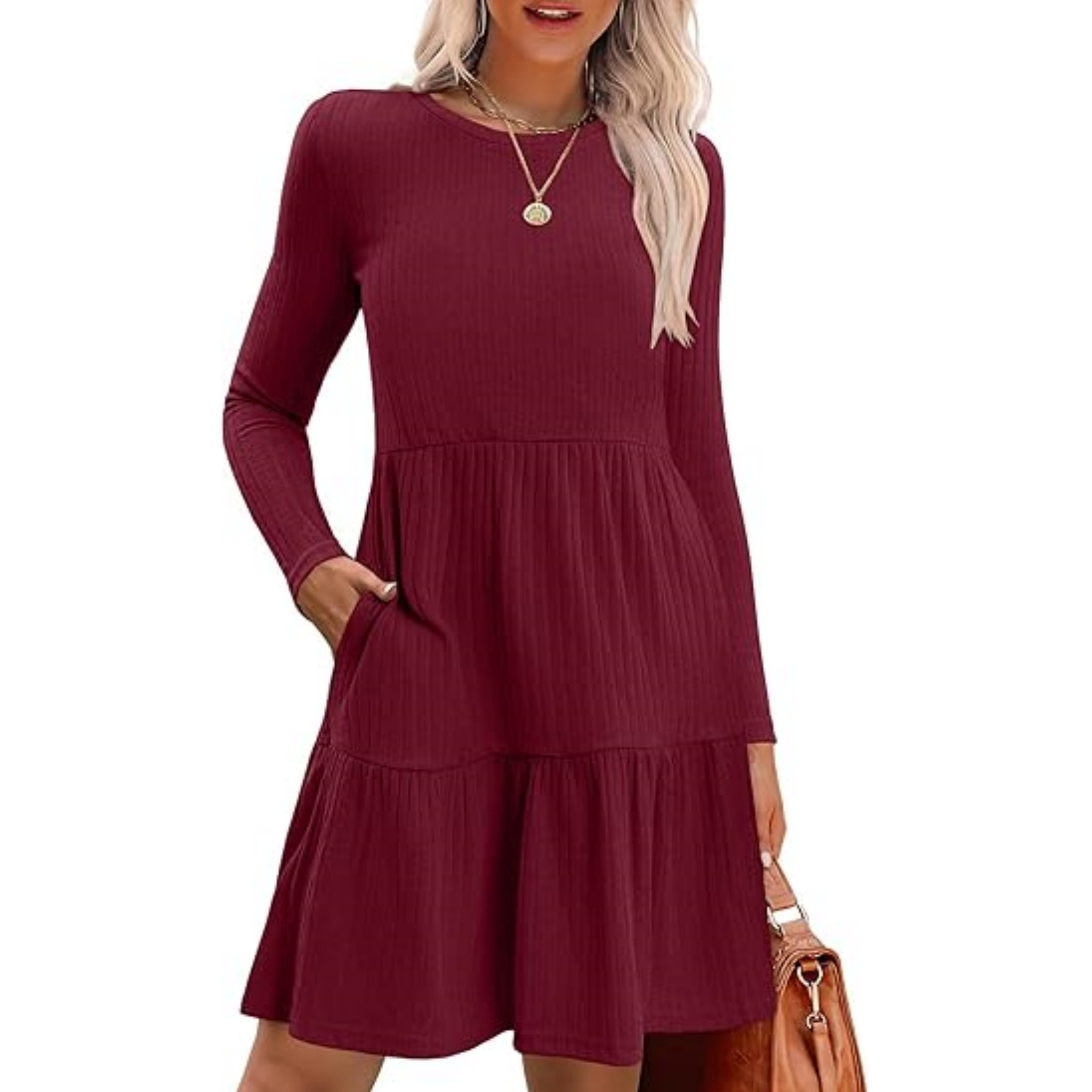Minimalist Long Sleeve Fall Knee Length Dresses Pockets Ribbed Knit Casual Crew Neck Sweater Dress