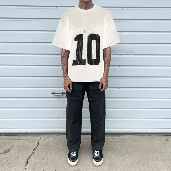 New Custom football basketball design logo knitwear fashion crew neck short sleeve men knit crochet sweater knitted mesh jersey